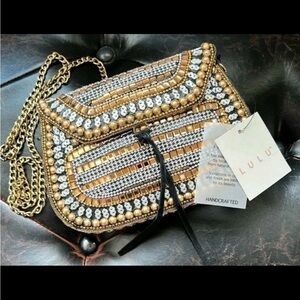 Lulu NYC Handcrafted Crossbody Clutch Purse Bag 31017471 Gold Silver Jeweled NWT